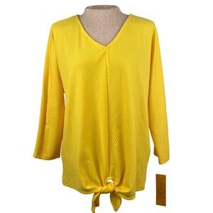 Ruby Rd. Yellow Quilted‎ Textured V Neck Tie Front Long Sleeve Top Women M